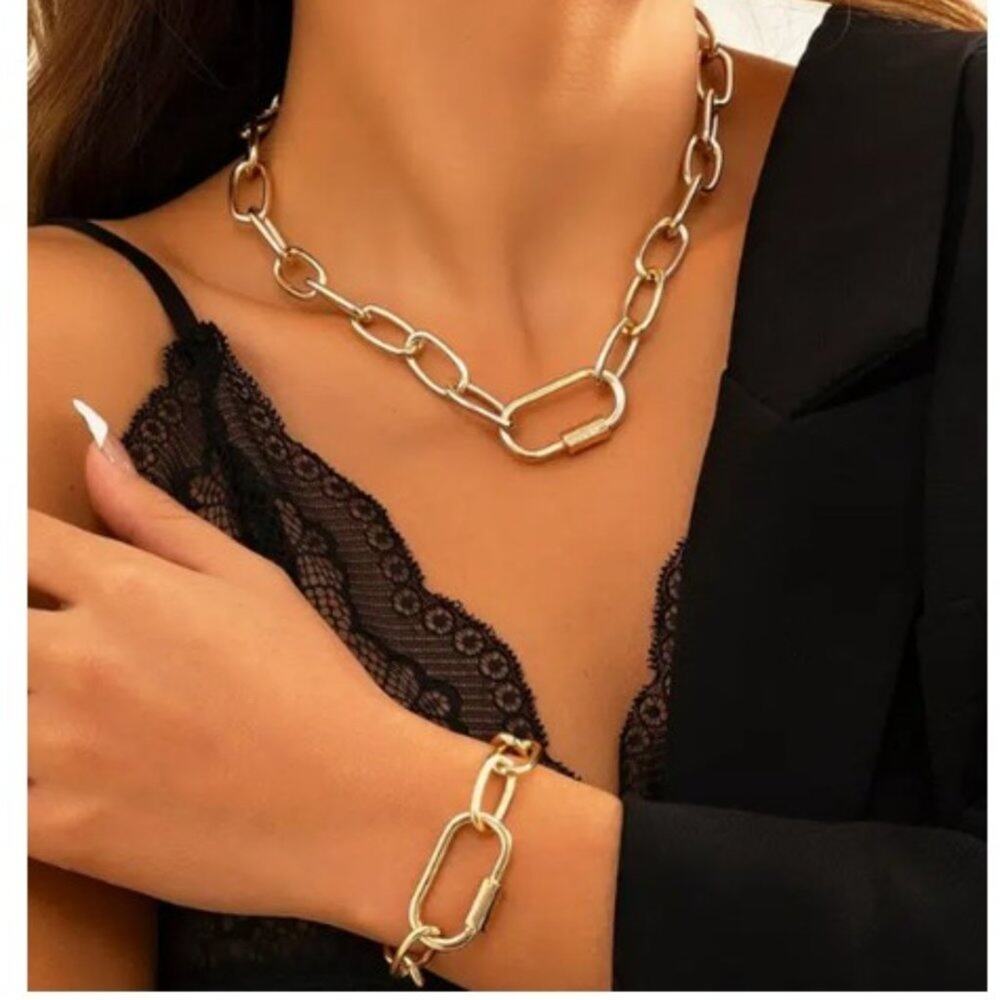 Women's O-Chain Gold Tone 2 Pc Necklace and Bracelet Set